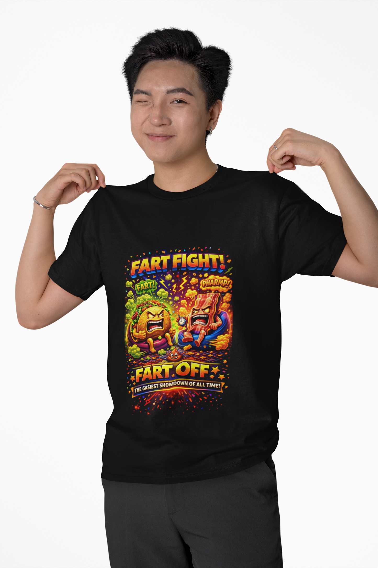 Fart Fight! Graphic T-Shirt — Funny Cartoon Burger vs Fries “Fart-Off” Tee