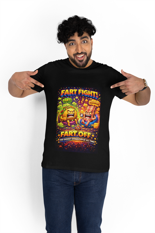 Fart Fight! Graphic T-Shirt — Funny Cartoon Burger vs Fries “Fart-Off” Tee