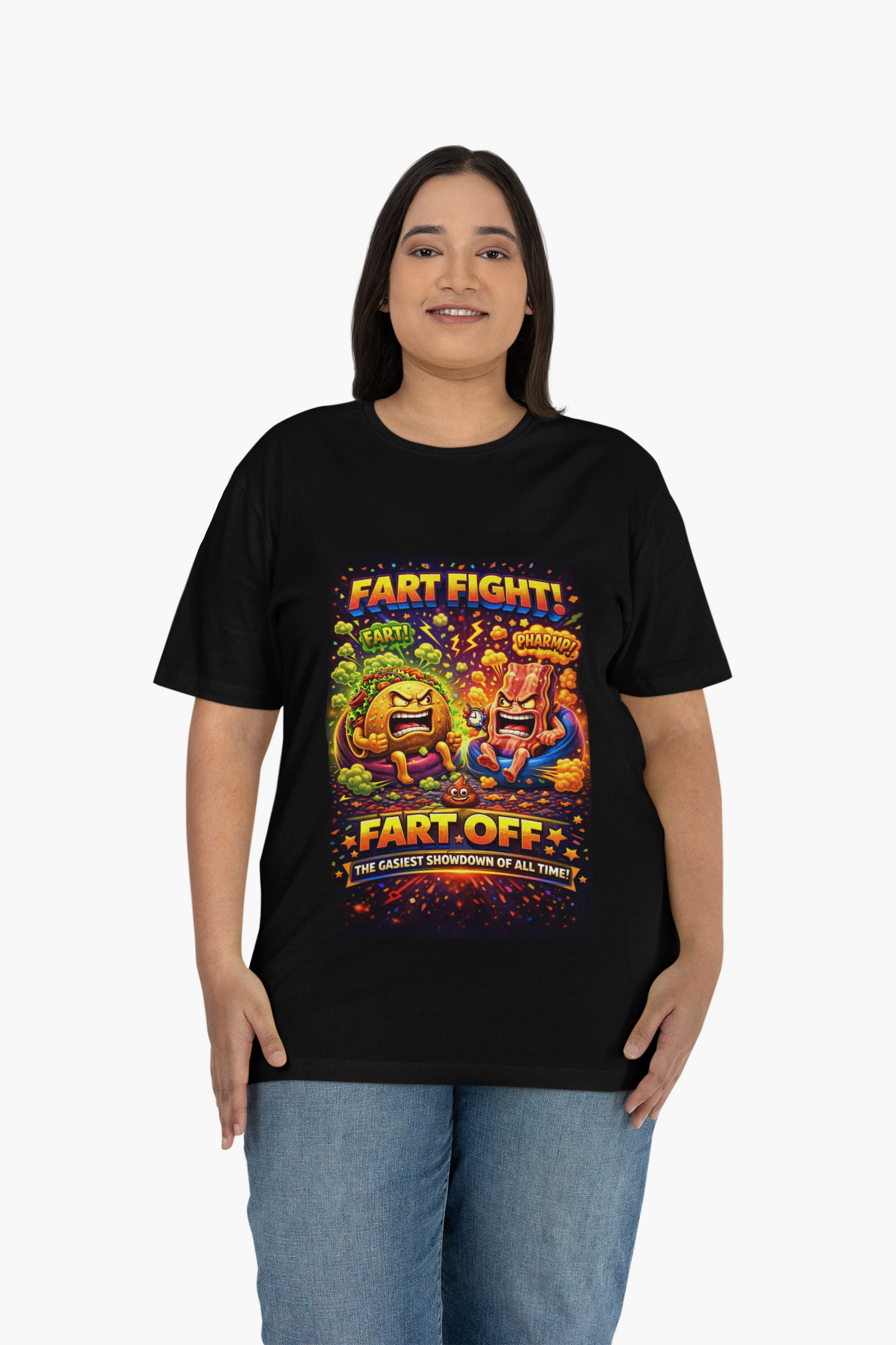 Fart Fight! Graphic T-Shirt — Funny Cartoon Burger vs Fries “Fart-Off” Tee
