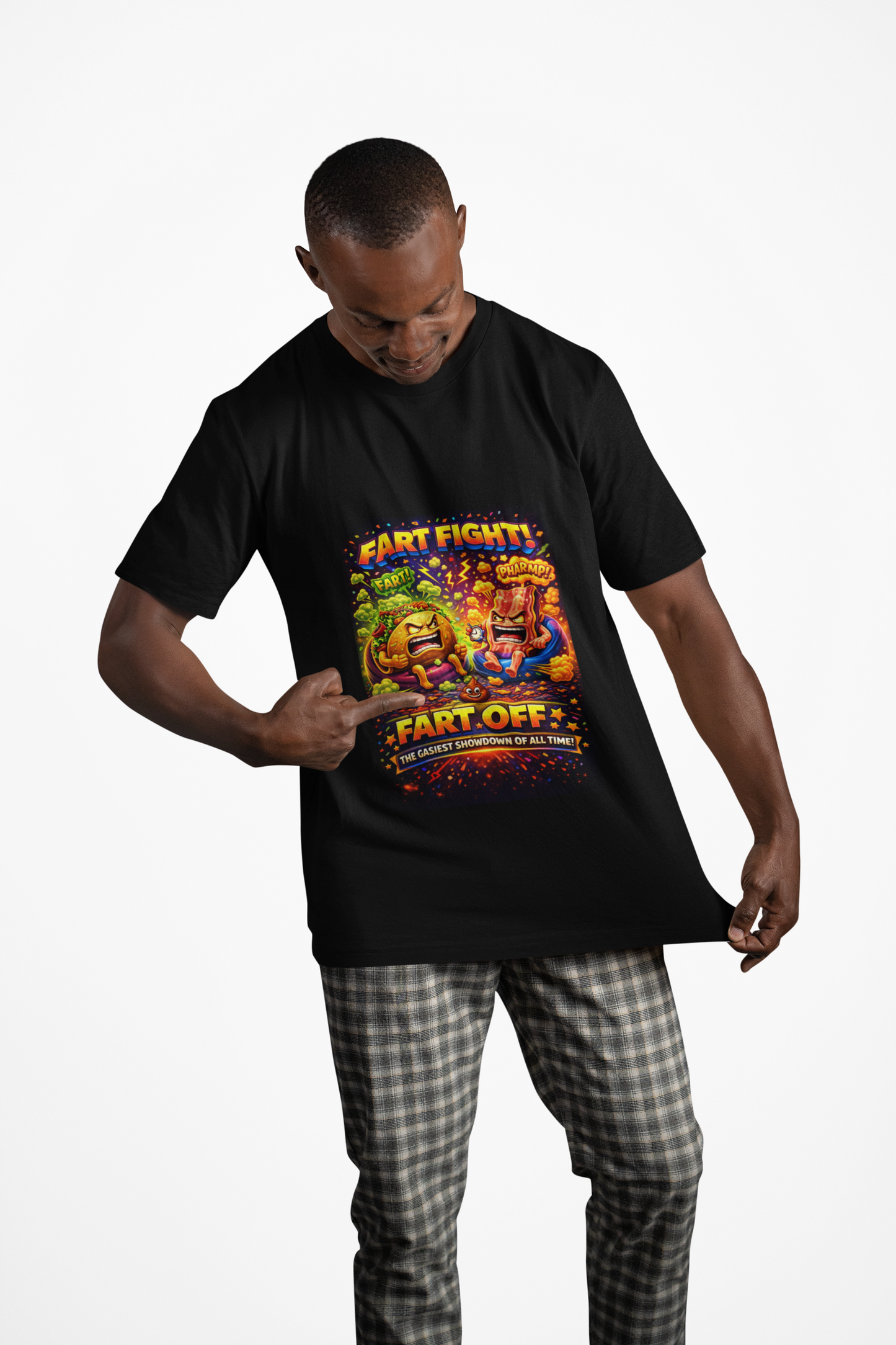 Fart Fight! Graphic T-Shirt — Funny Cartoon Burger vs Fries “Fart-Off” Tee
