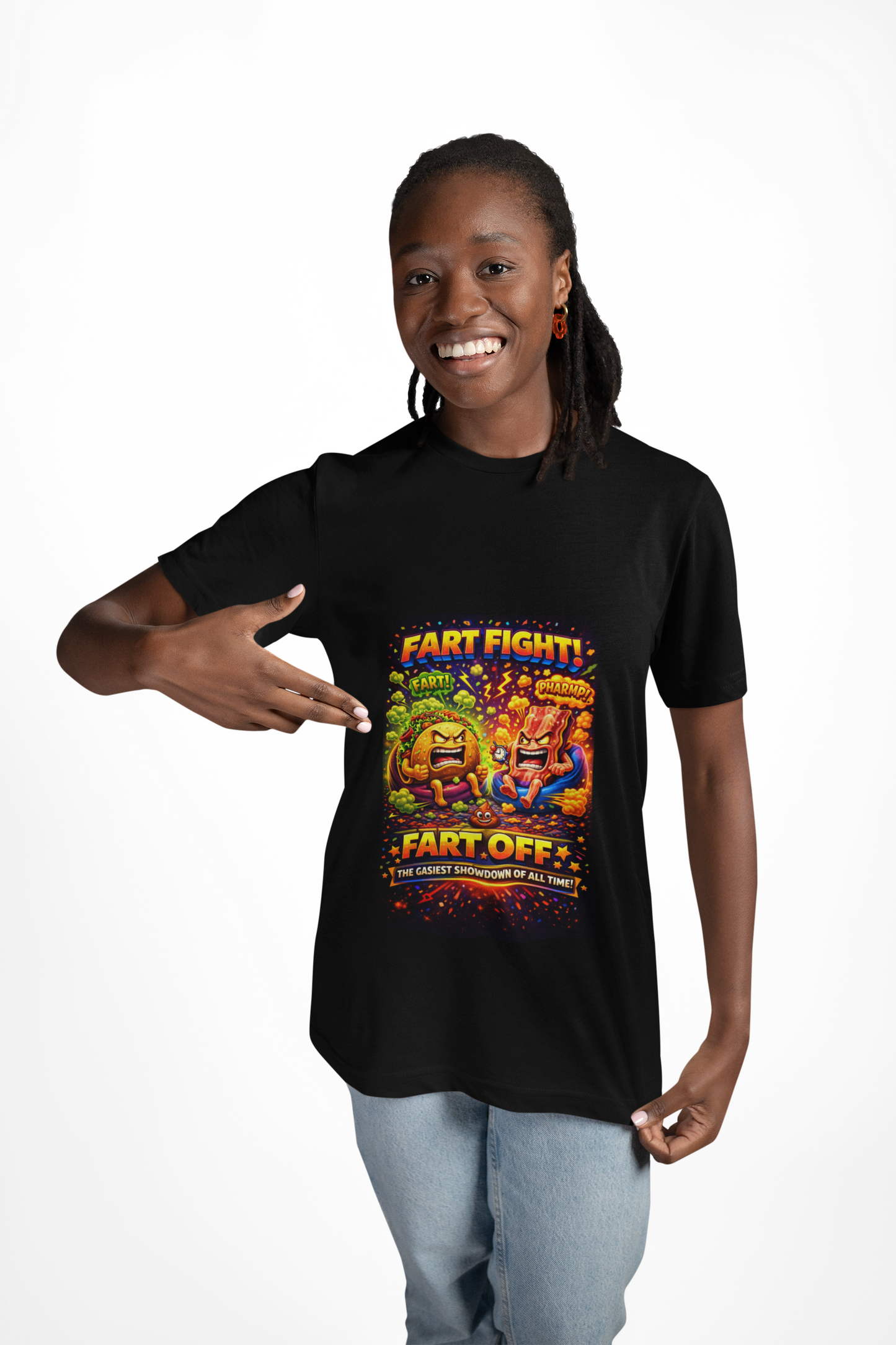 Fart Fight! Graphic T-Shirt — Funny Cartoon Burger vs Fries “Fart-Off” Tee