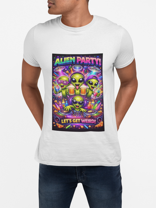 Alien Party T-Shirt — "Let's Get Weird" Neon Sci‑Fi Graphic Tee