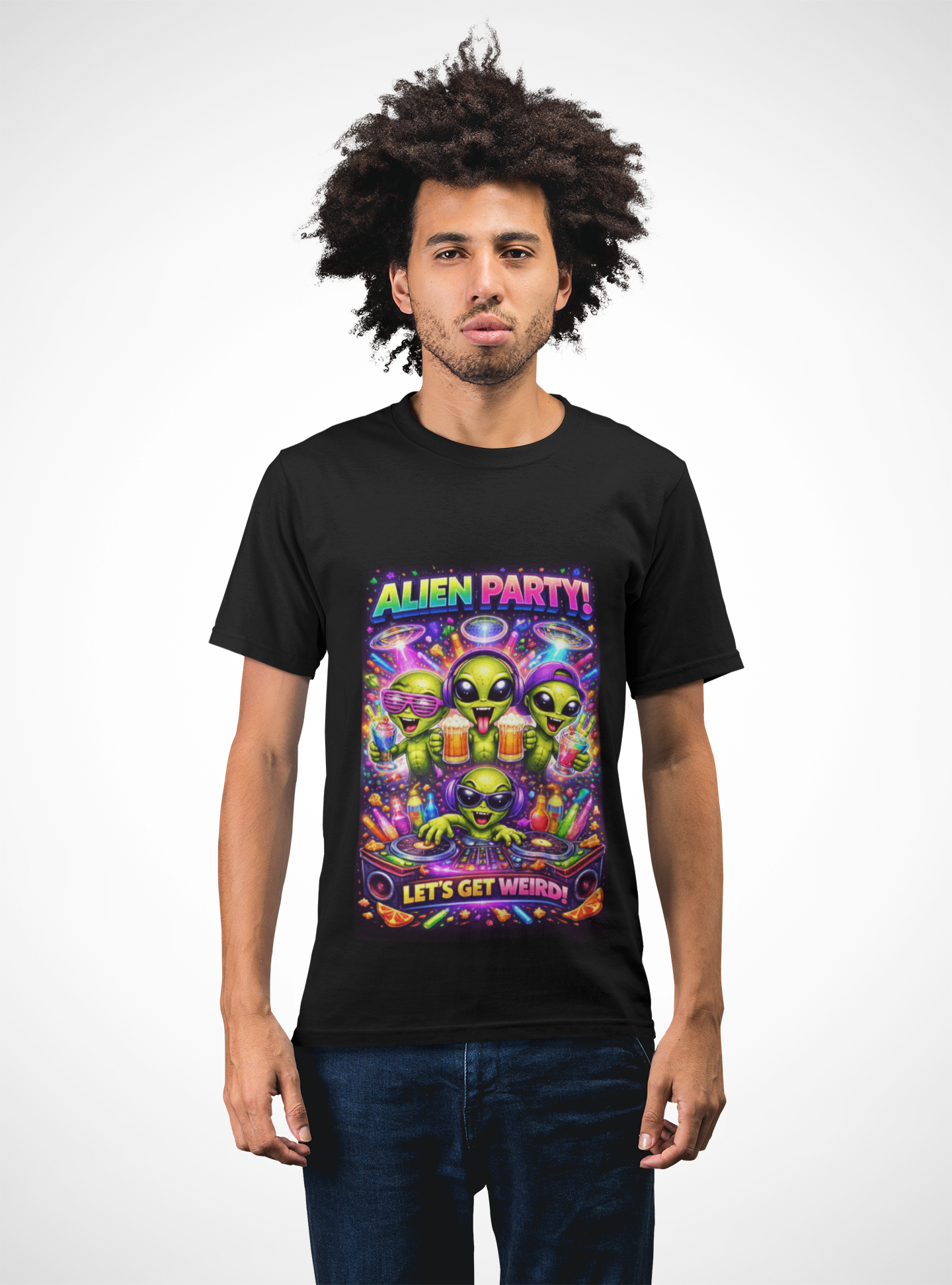 Alien Party T-Shirt — "Let's Get Weird" Neon Sci‑Fi Graphic Tee
