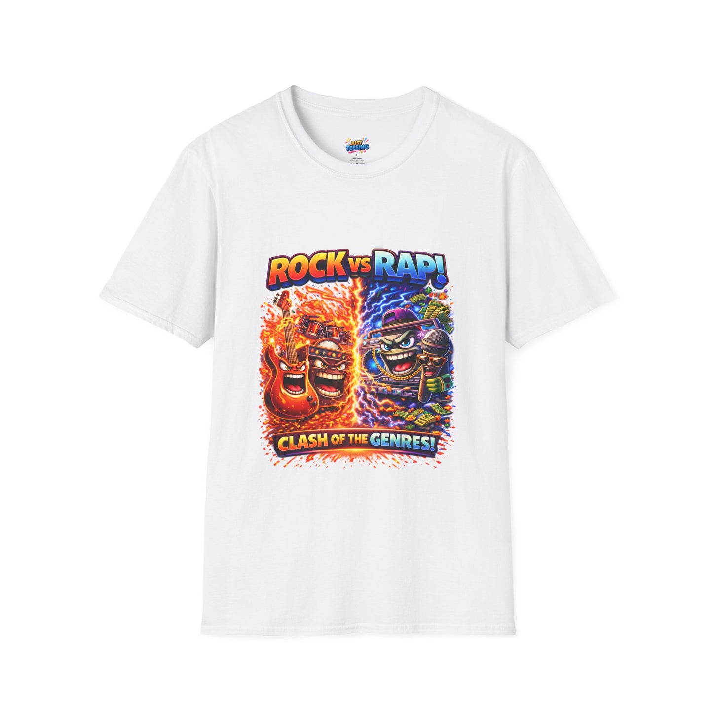 Rock vs Rap Clash of the Genres T-Shirt — Retro Music Battle Graphic Tee